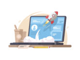 Successful launch of startup. Rocket flies up from laptop. Vector illustration